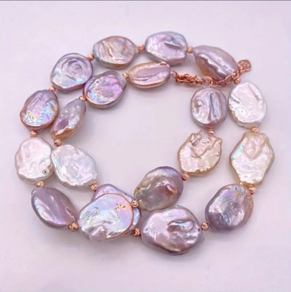 Natural Baroque Pink & White Freshwater Pearl Adjustable Necklace. - Picture 2 of 8